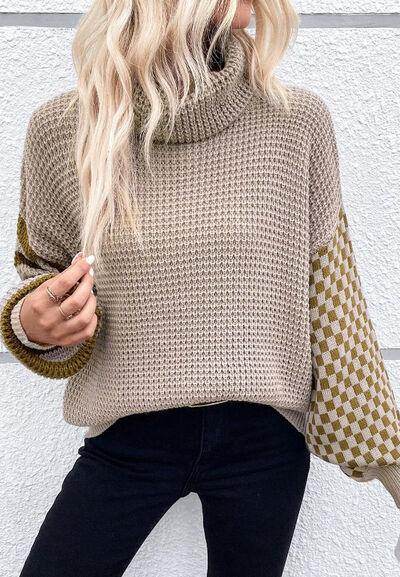 Striped & Checkered Turtleneck Dropped Shoulder Sweater - Selvanelle