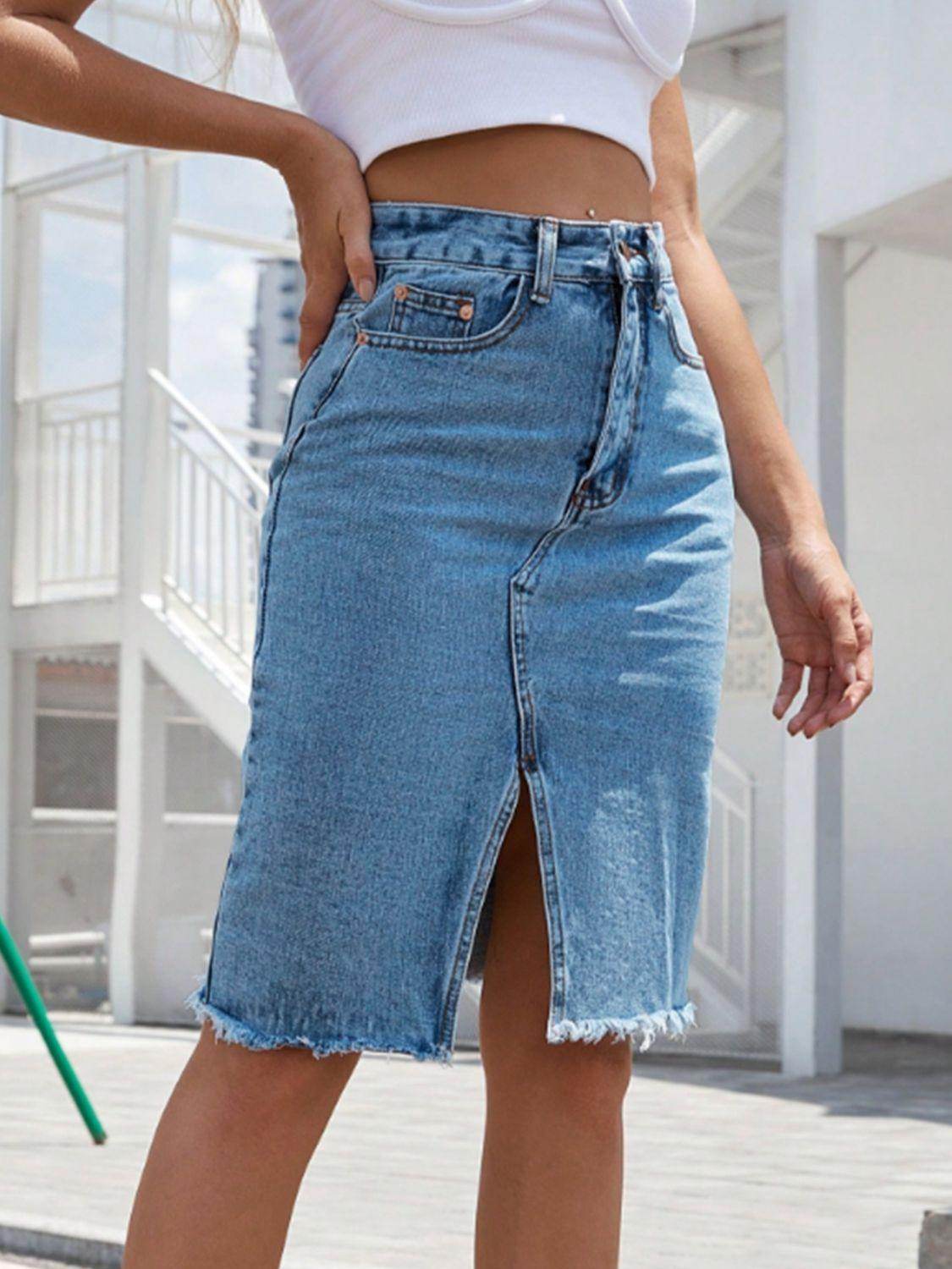 Raw Hem Slit Denim Skirt for Trendy Casual Wear - Selvanelle