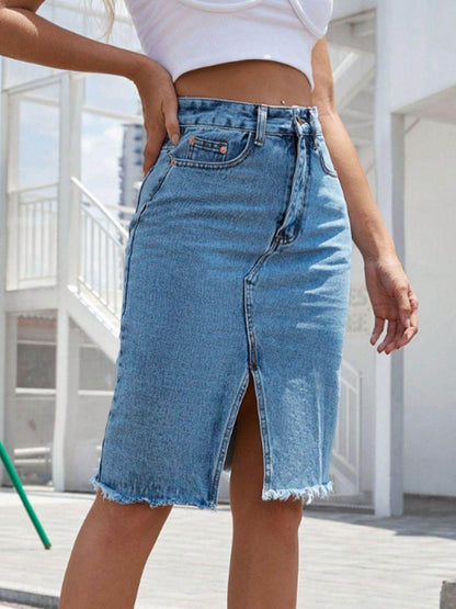 Raw Hem Slit Denim Skirt for Trendy Casual Wear - Selvanelle