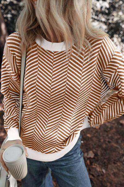 Striped Round Neck Long Sleeve Sweater for Women Fashion - Selvanelle