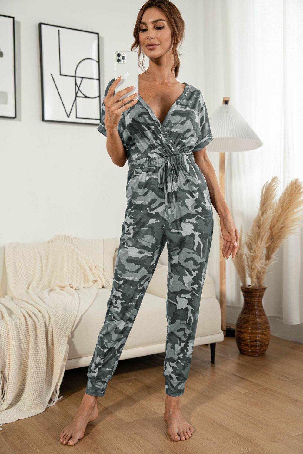 Surplice Neck Tied Short Sleeve Jumpsuit - Selvanelle