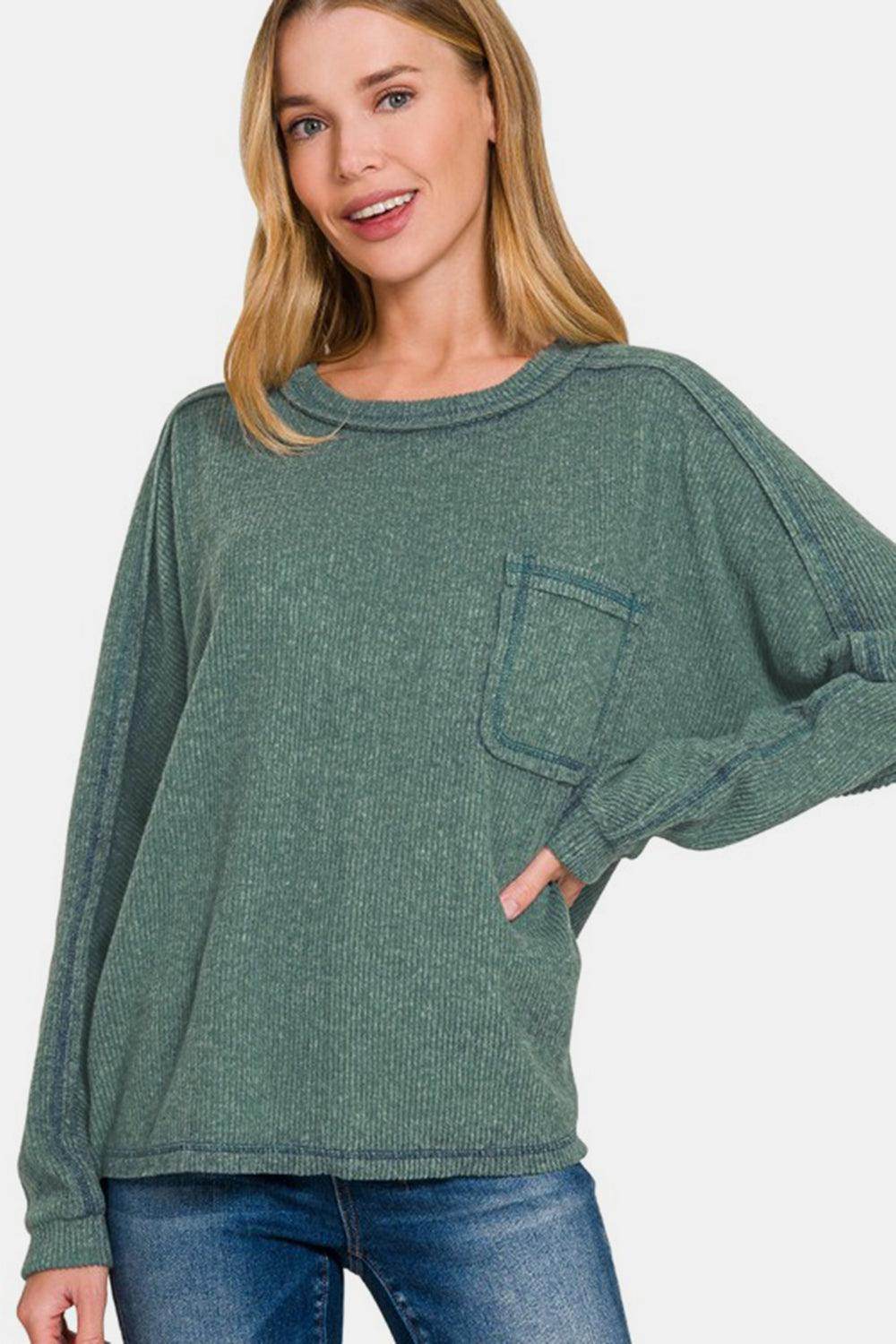 Zenana Full Size Contrast Stitching Brushed Ribbed Top - Selvanelle