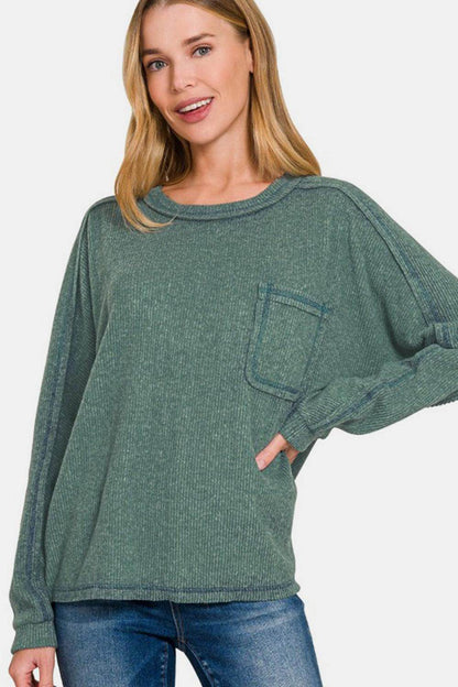 Zenana Full Size Contrast Stitching Brushed Ribbed Top - Selvanelle