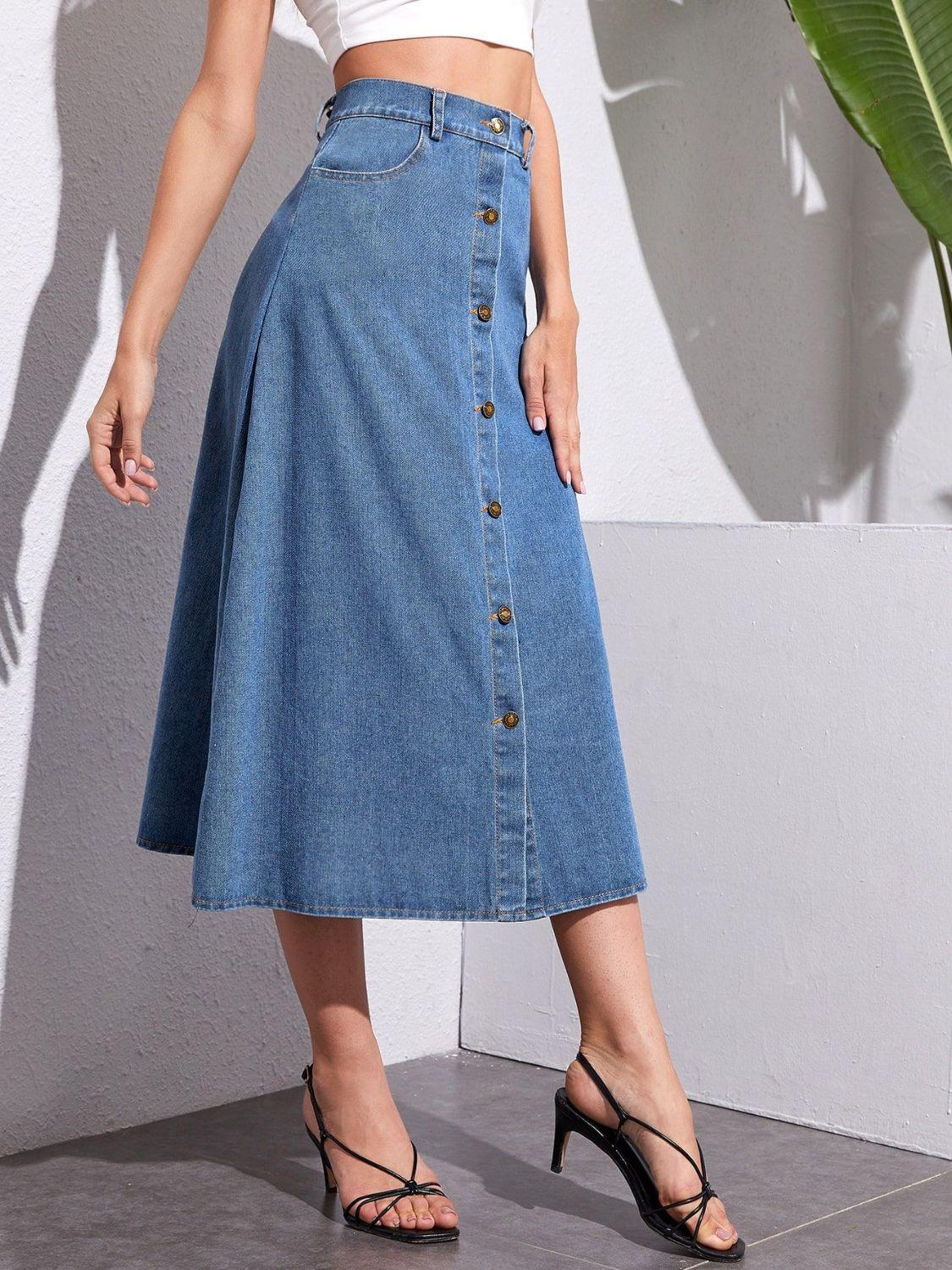 Buttoned Midi Denim Skirt with Pockets for Women