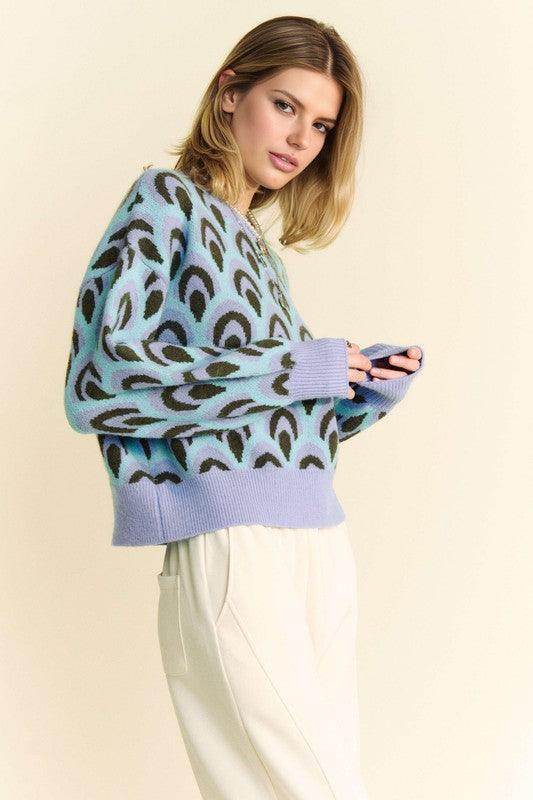 Davi & Dani Scale Jacquard Round Neck Drop Shoulder Sweater - Selvanelle
