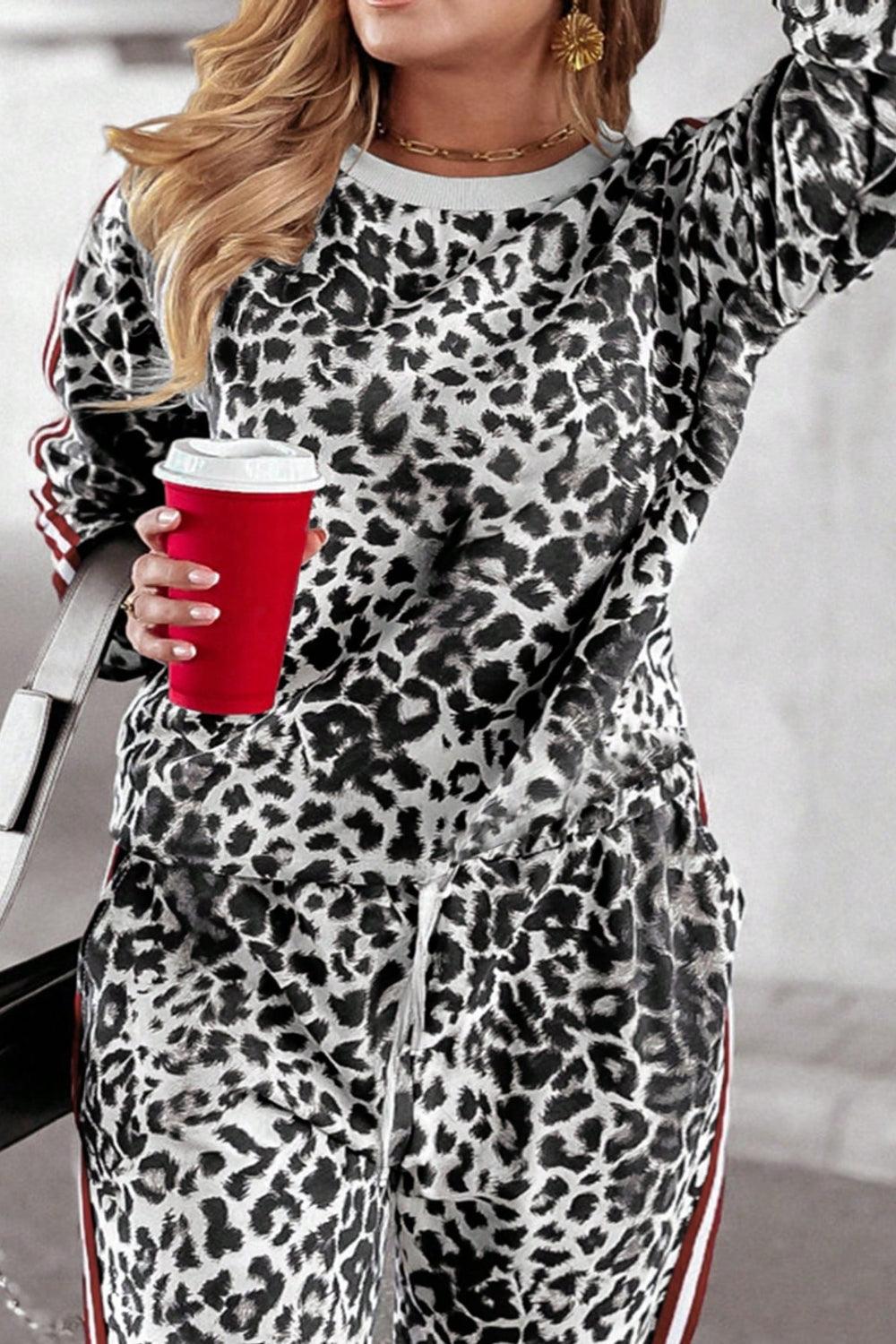 Plus Size Leopard Round Neck Top and Pants Set for Women