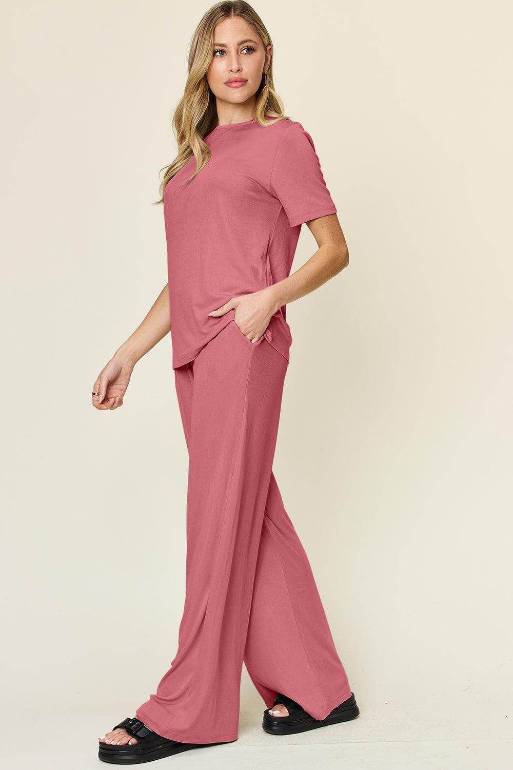 Double Take Full Size Round Neck Short Sleeve T-Shirt Set - Selvanelle