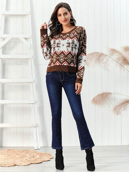 Snowflake Pattern Round Neck Sweater for Cozy Winter Style - Selvanelle