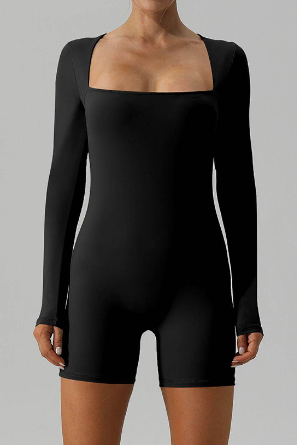 Square Neck Long Sleeve Active Romper for Women Fitness - Selvanelle