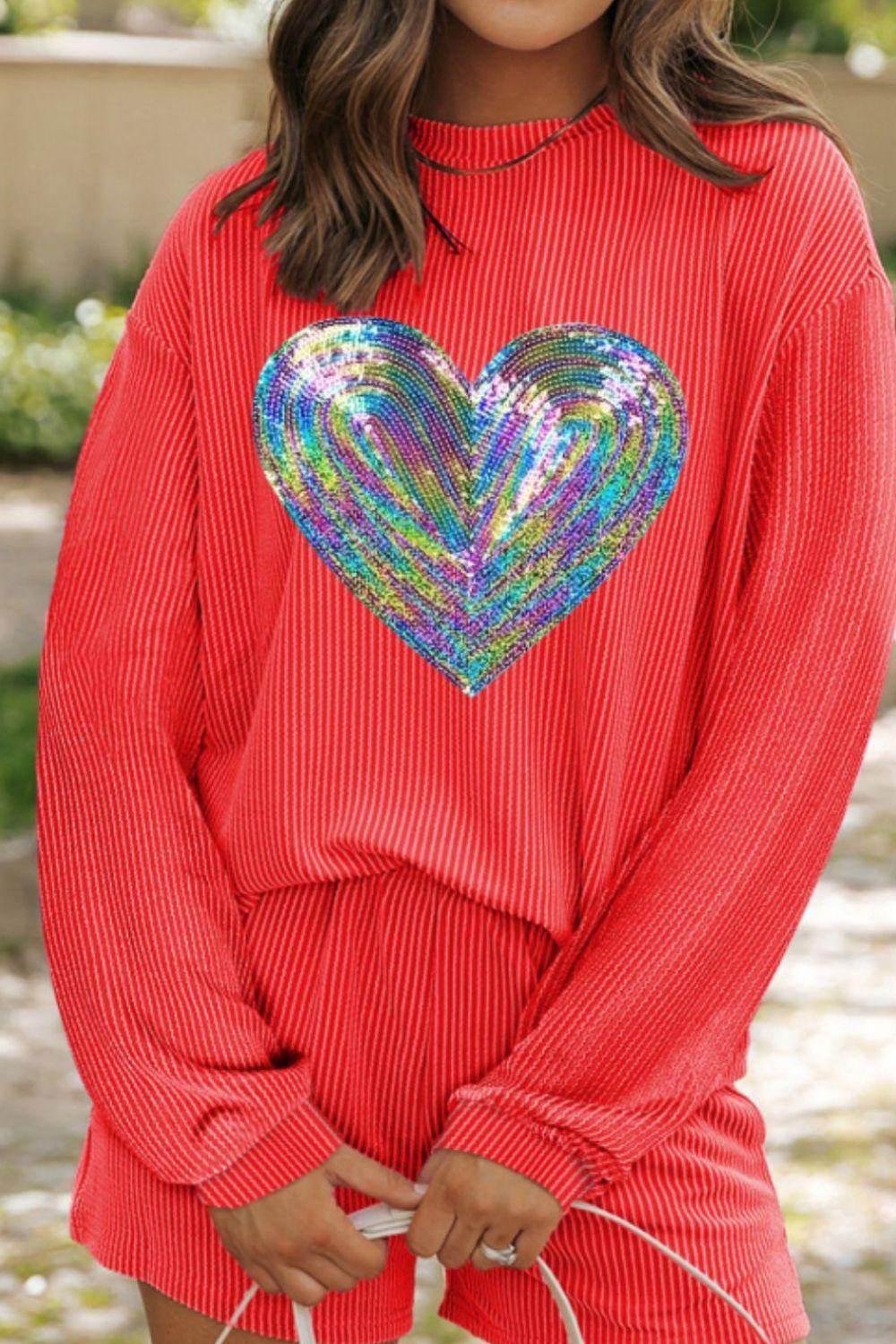 Sequin Heart Round Neck Long Sleeve Top and Shorts Set - Selvanelle