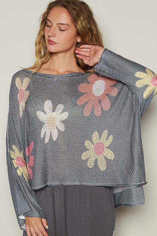 POL Flower Dropped Shoulder Long Sleeve Knit Top for Women