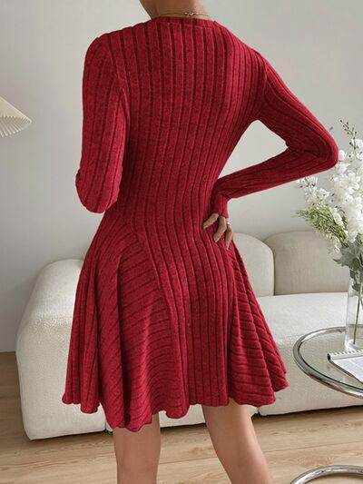 Ribbed Round Neck Long Sleeve Dress for Everyday Style - Selvanelle