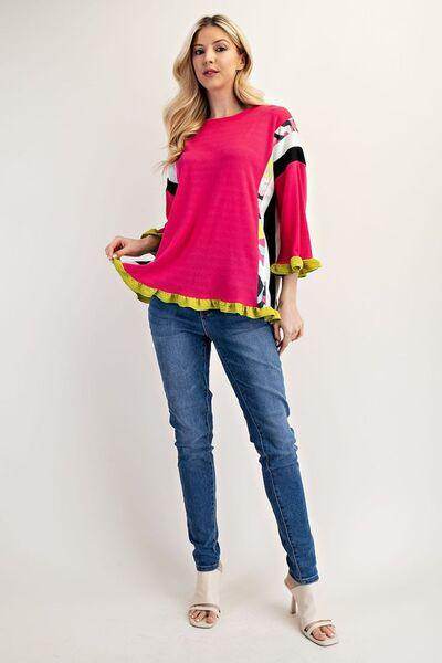 Celeste Full Size Ruffle Sleeve Color Block Top Plus Size - Selvanelle