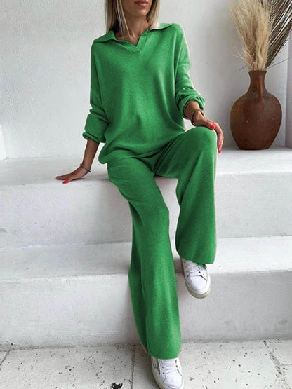 Johnny Collar Long Sleeve Top and Pants Sweater Set Women - Selvanelle