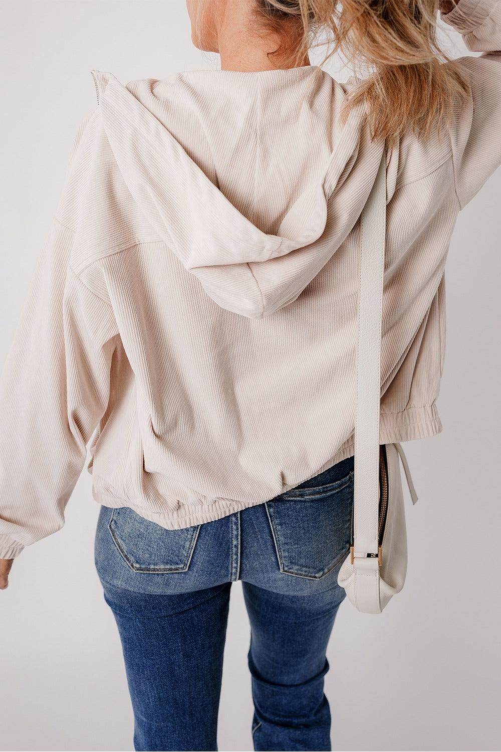 Corduroy Zip Up Long Sleeve Hooded Jacket for Women - Selvanelle