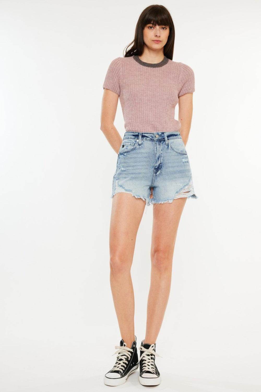Kancan Distressed High Waist Denim Shorts with Pockets - Selvanelle