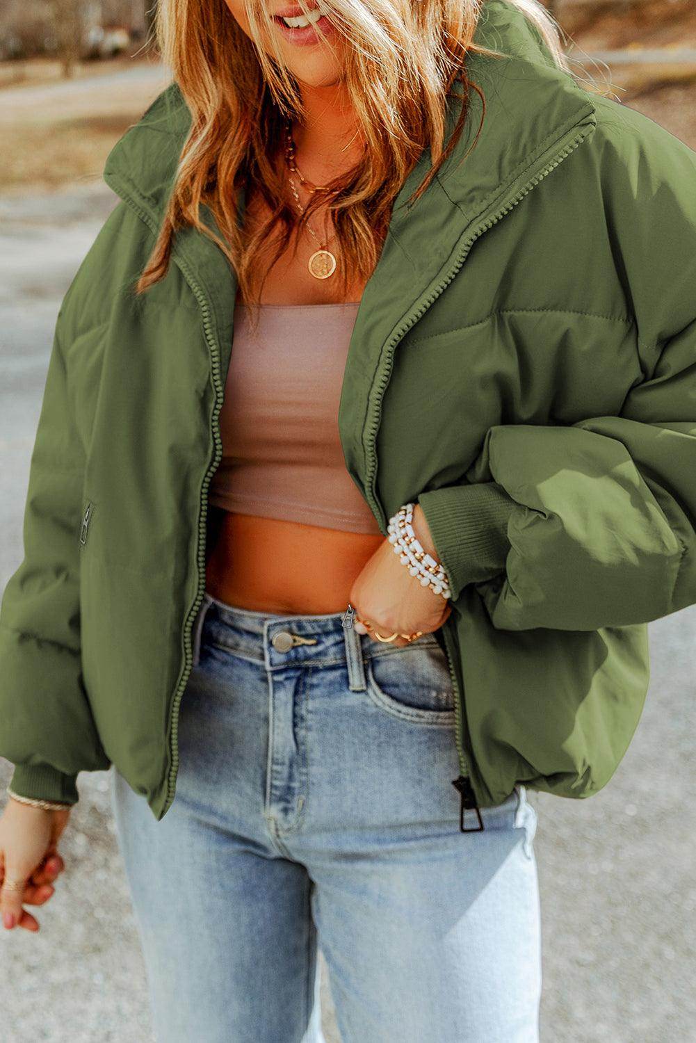 Zip Up Collared Neck Coat with Pockets for Women - Selvanelle