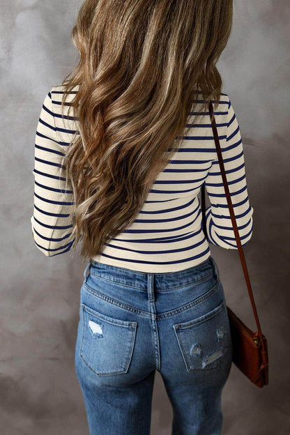 Striped V-Neck Long Sleeve Top for Women Casual Wear - Selvanelle