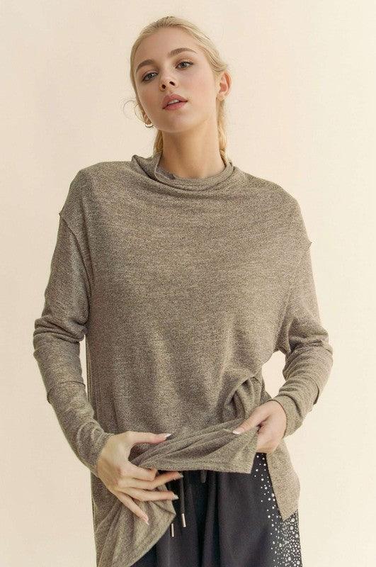 Davi & Dani Slit Mock Neck Long Sleeve Top for Women