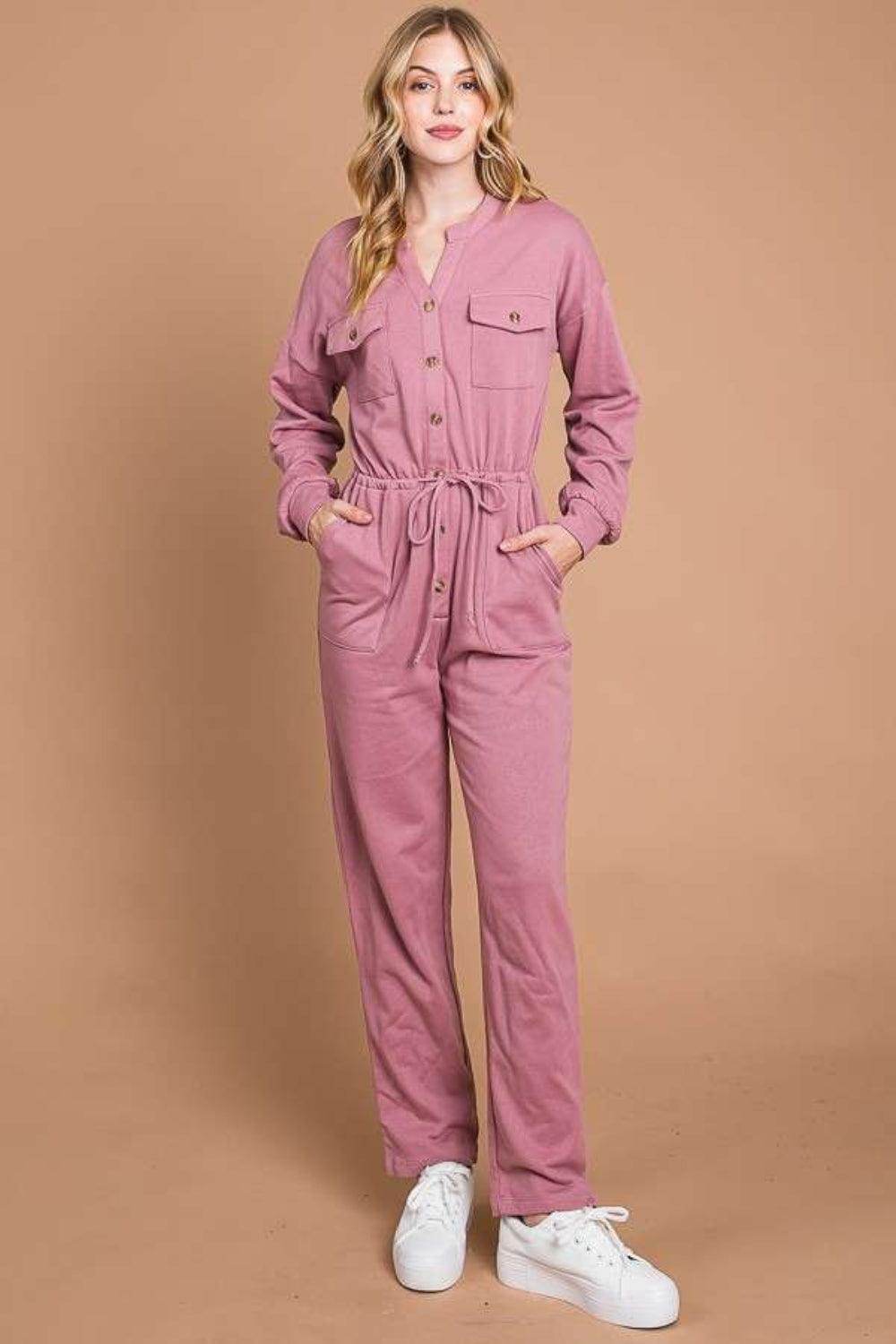 Culture Code Full Size Button Up Drawstring Waist Jumpsuit - Selvanelle