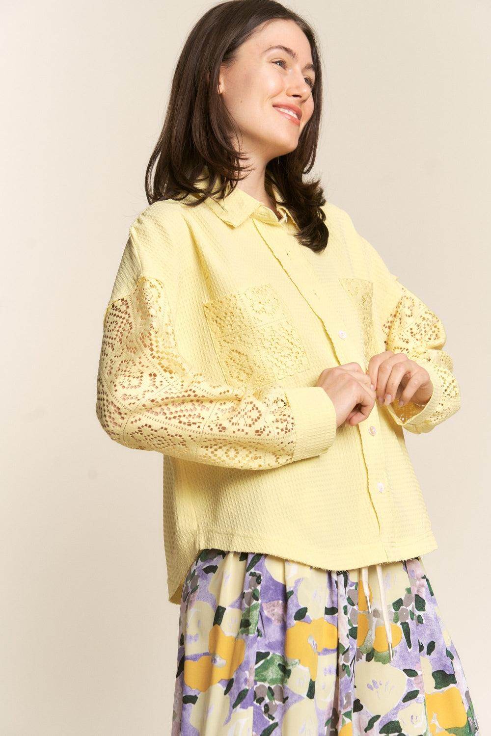 J.NNA Button Down Lace Long Sleeve Waffle Shirt for Women - Selvanelle