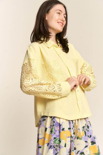 J.NNA Button Down Lace Long Sleeve Waffle Shirt for Women - Selvanelle