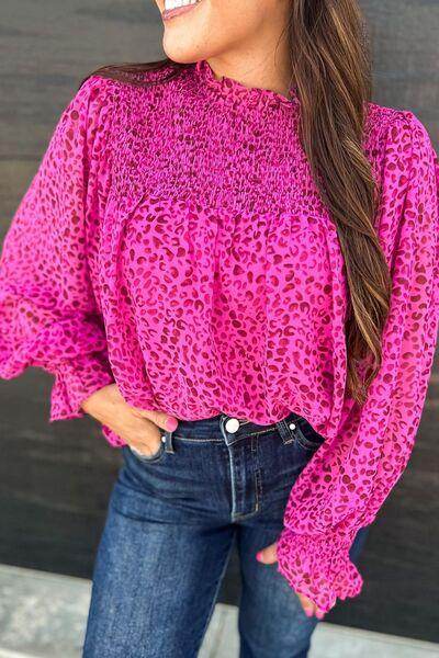 Ruched Leopard Mock Neck Long Sleeve Blouse for Women - Selvanelle