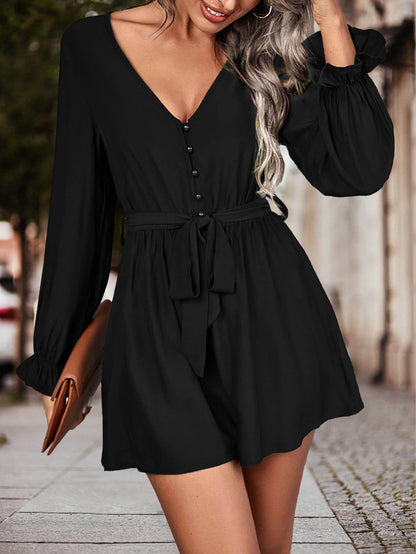 Long Flounce Sleeve V-Neck Romper - Selvanelle
