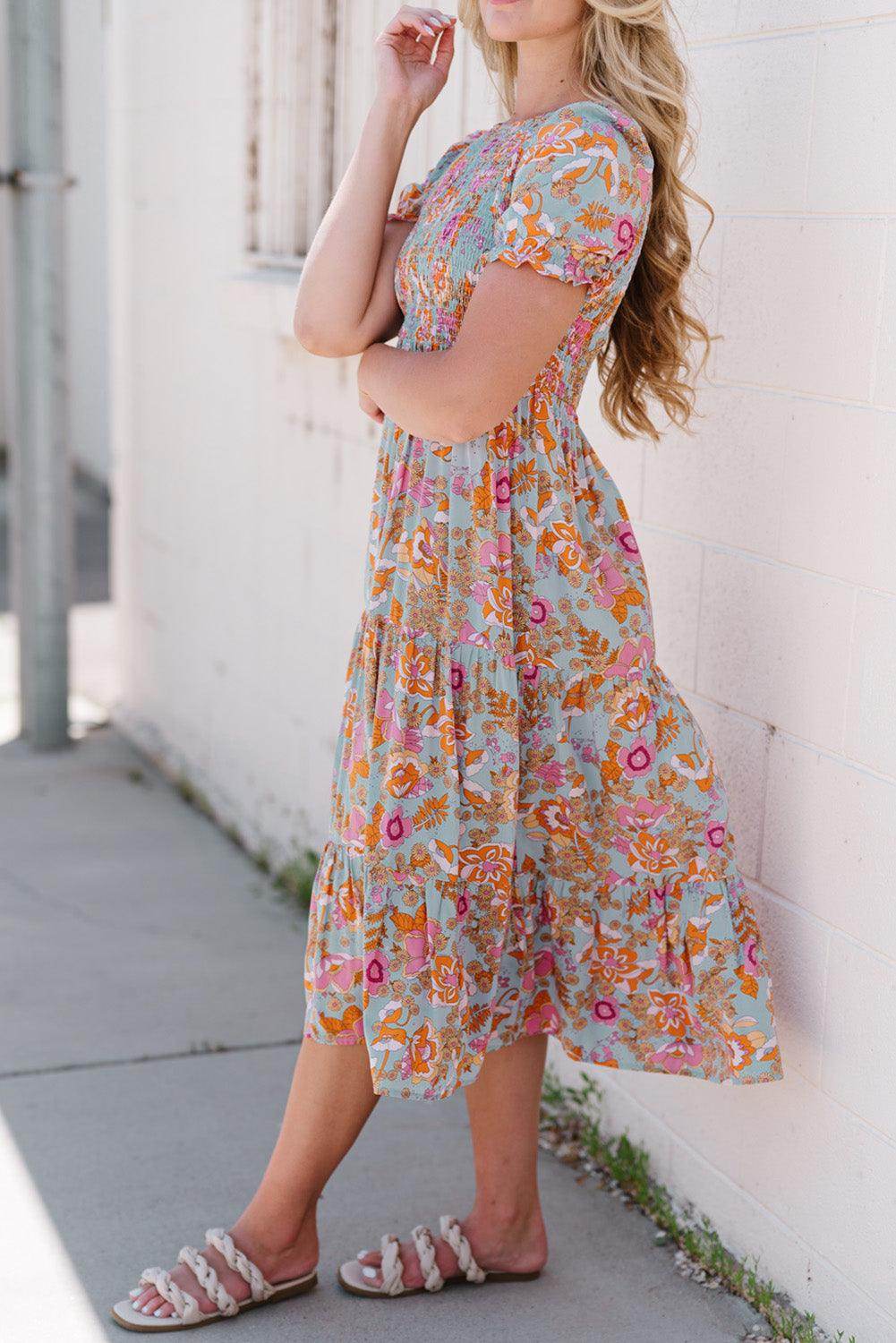 Floral Flounce Sleeve Round Neck Midi Dress for Women - Selvanelle