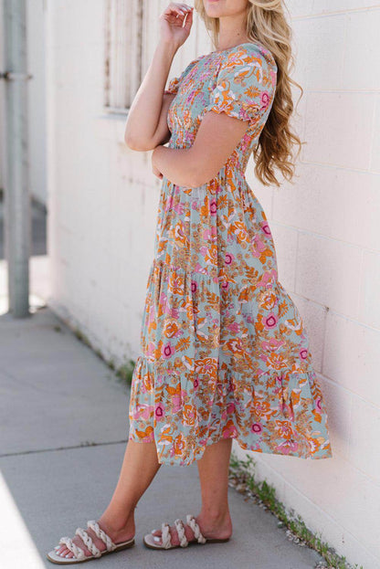 Floral Flounce Sleeve Round Neck Midi Dress for Women - Selvanelle
