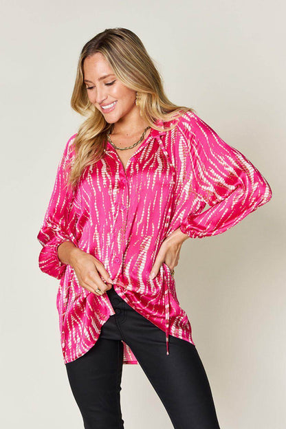 Double Take Full Size Printed Button Up Long Sleeve Shirt - Selvanelle