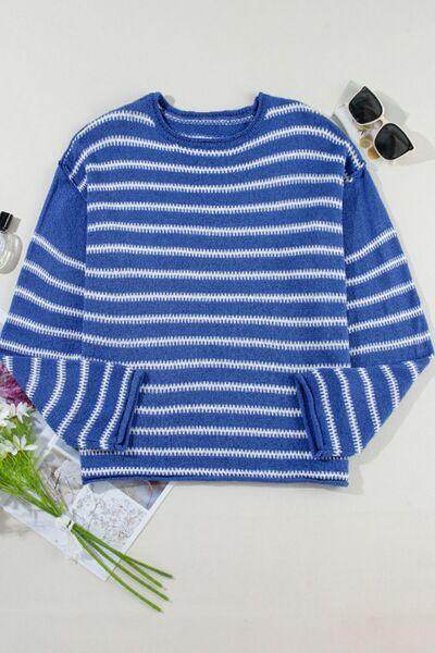 Striped Round Neck Dropped Shoulder Sweater for Women - Selvanelle