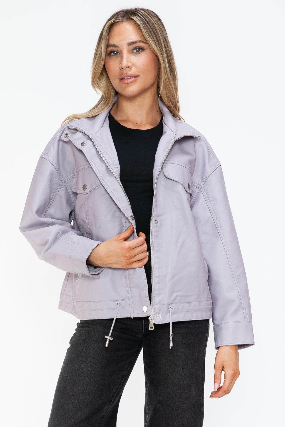How Dare U Drawstring Hem PU Leather Zip Up Jacket Women - Selvanelle