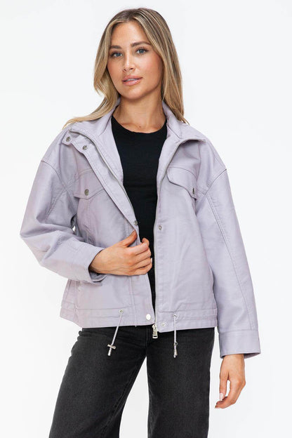 How Dare U Drawstring Hem PU Leather Zip Up Jacket Women - Selvanelle