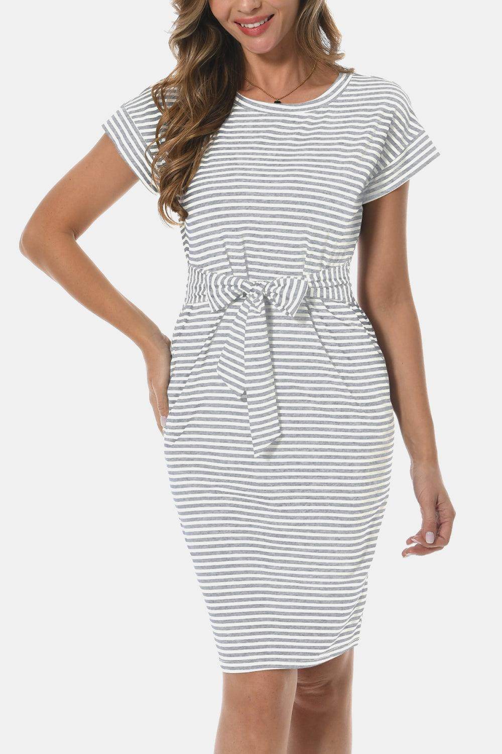 Tie Front Round Neck Short Sleeve Dress for Women - Selvanelle