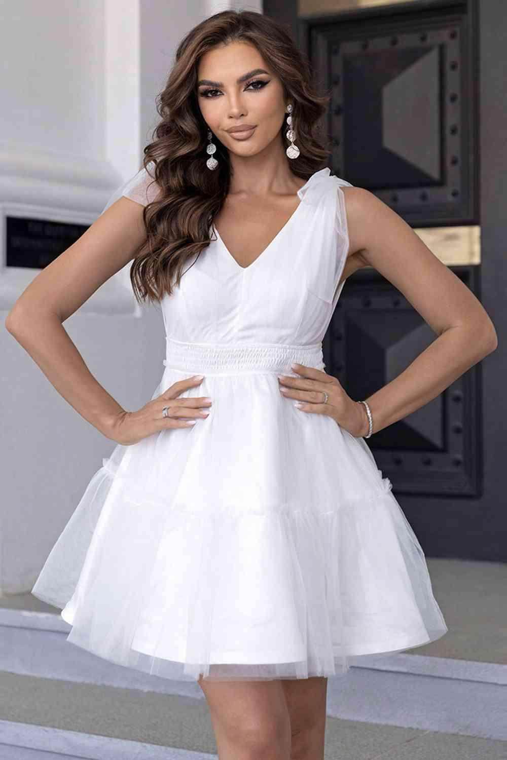 V-Neck Shoulder Detail Mesh Dress for Stylish Women - Selvanelle