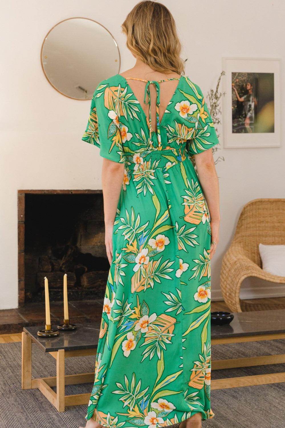 ODDI Full Size Floral Smocked Tied Back Maxi Dress Style - Selvanelle