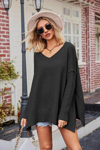 Slit V-Neck Dropped Shoulder Sweater for Effortless Style - Selvanelle
