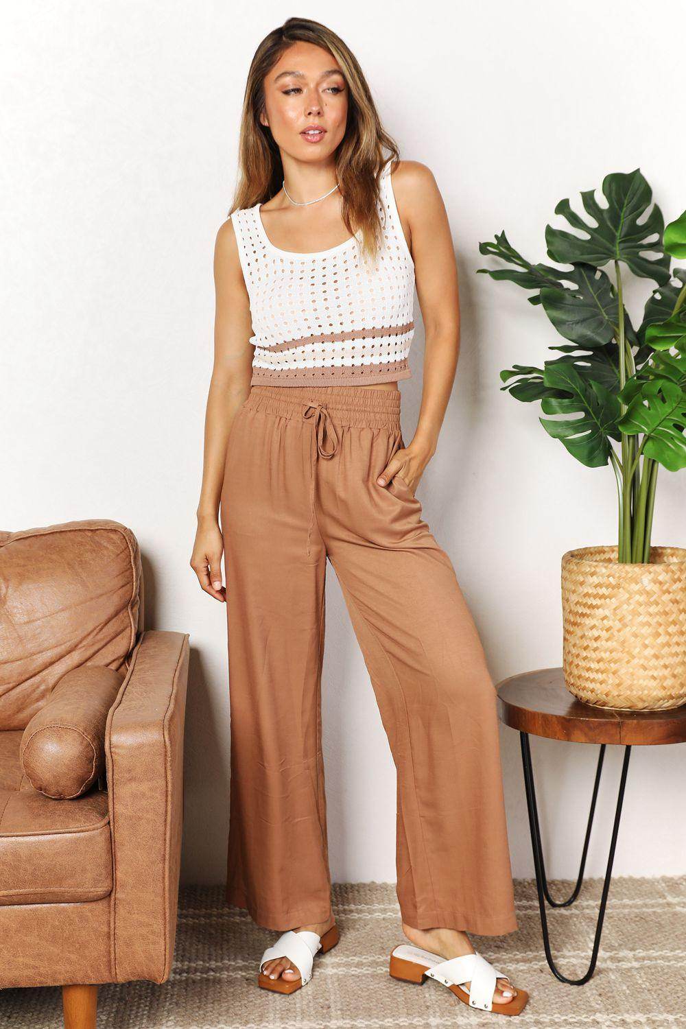 Double Take Drawstring Smocked Waist Wide Leg Pants for Women - Selvanelle