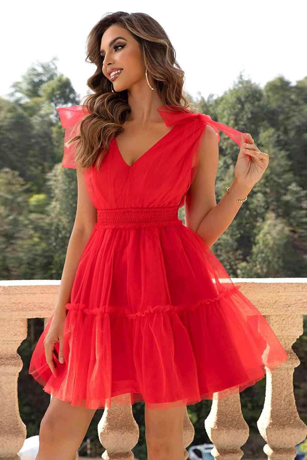 V-Neck Shoulder Detail Mesh Dress for Stylish Women - Selvanelle