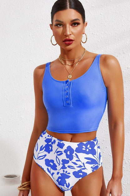 Half Snap Square Neck Tankini Set - Selvanelle