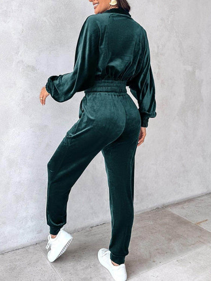 Zip Up Long Sleeve Cropped Top and Joggers Set for Women - Selvanelle