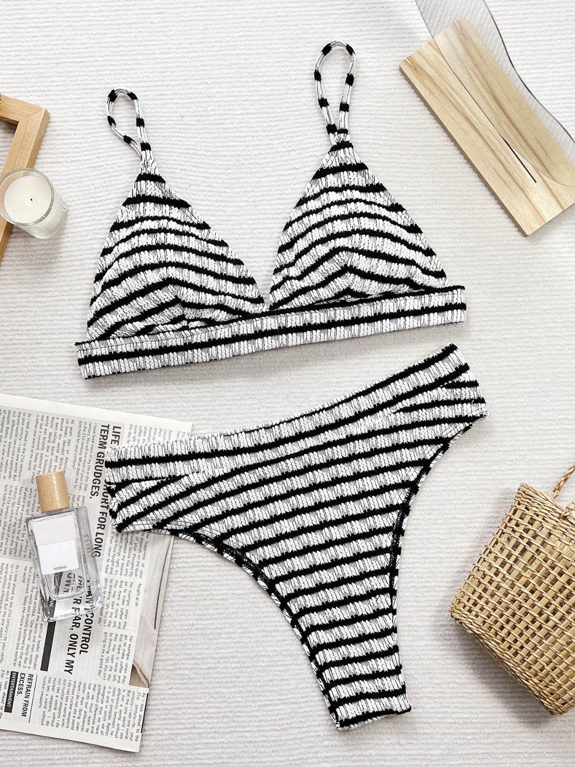 Striped V-Neck Two-Piece Swim Set - Selvanelle