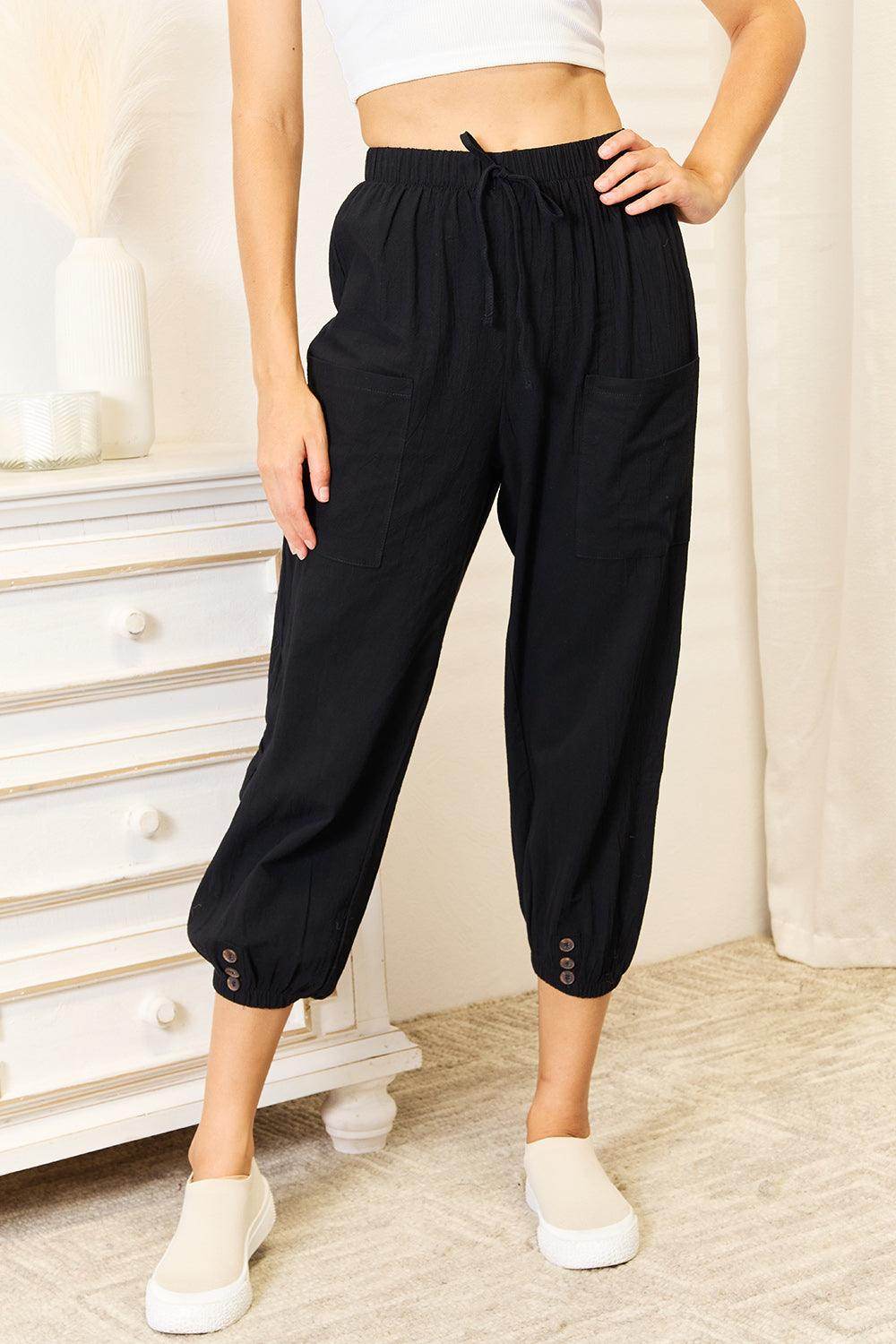 Shiny Decorative Button Cropped Pants for Stylish Outfits - Selvanelle