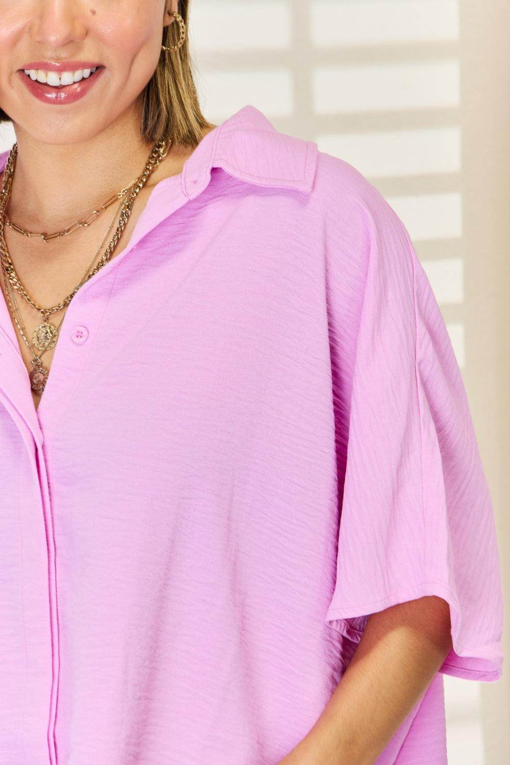 Zenana Texture Button Up Short Sleeve High-Low Shirt Online - Selvanelle