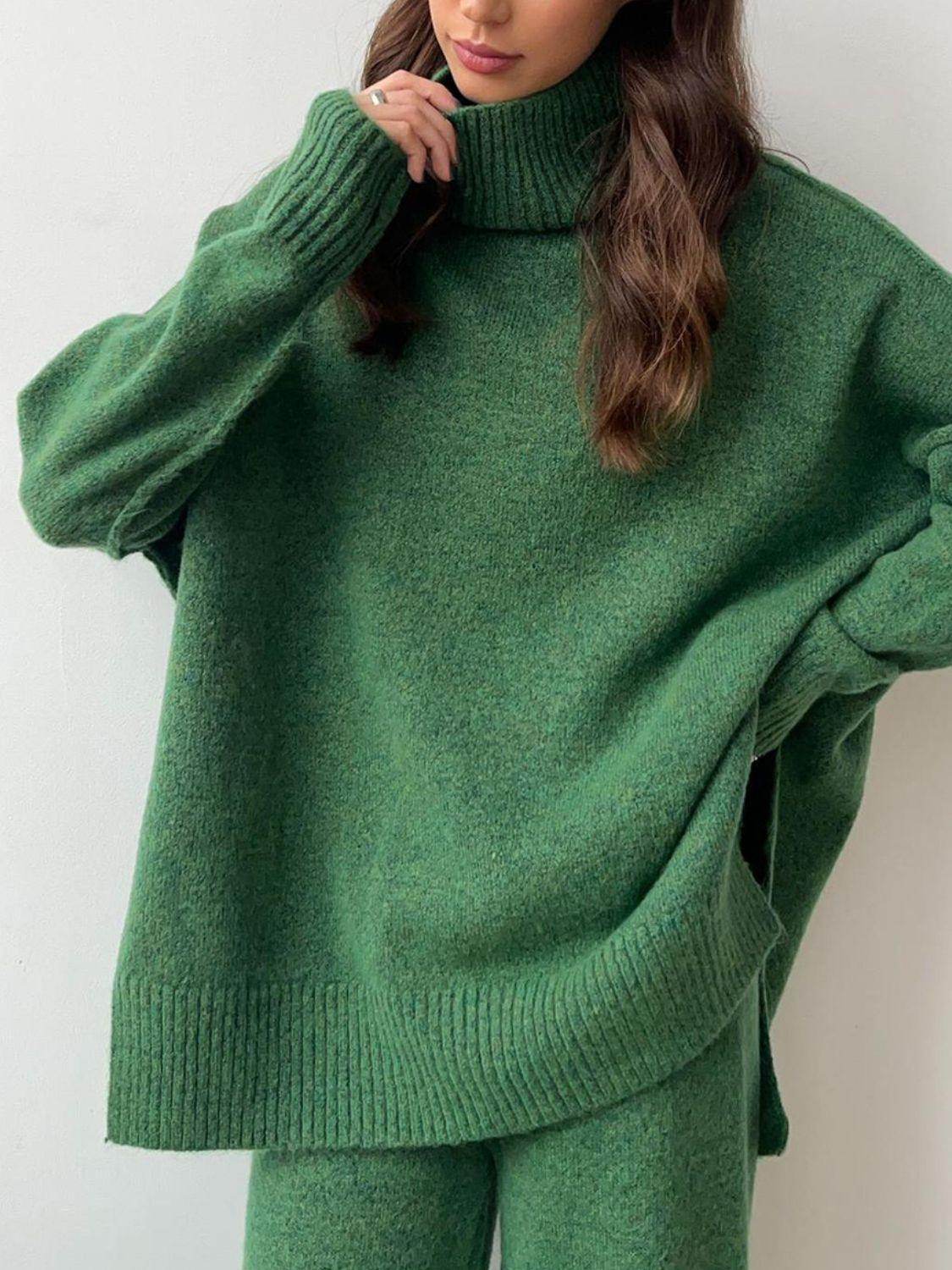 Slit Turtleneck Long Sleeve Top and Pants Sweater Set Outfit - Selvanelle