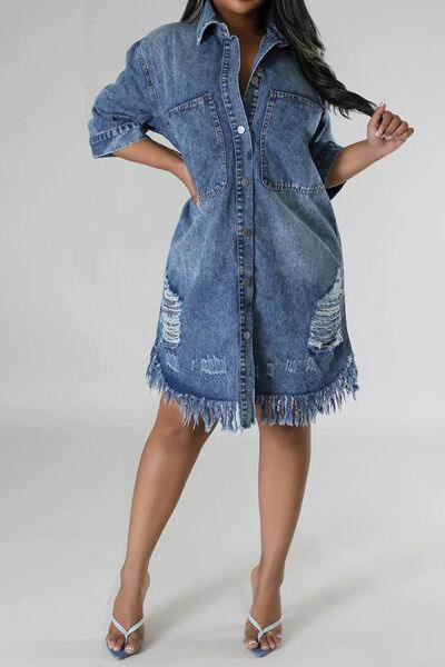 Distressed Raw Hem Button Up Denim Dress for Women - Selvanelle