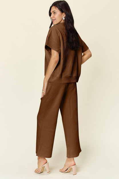 Double Take Full Size Texture Half Zip Short Sleeve Top Set - Selvanelle