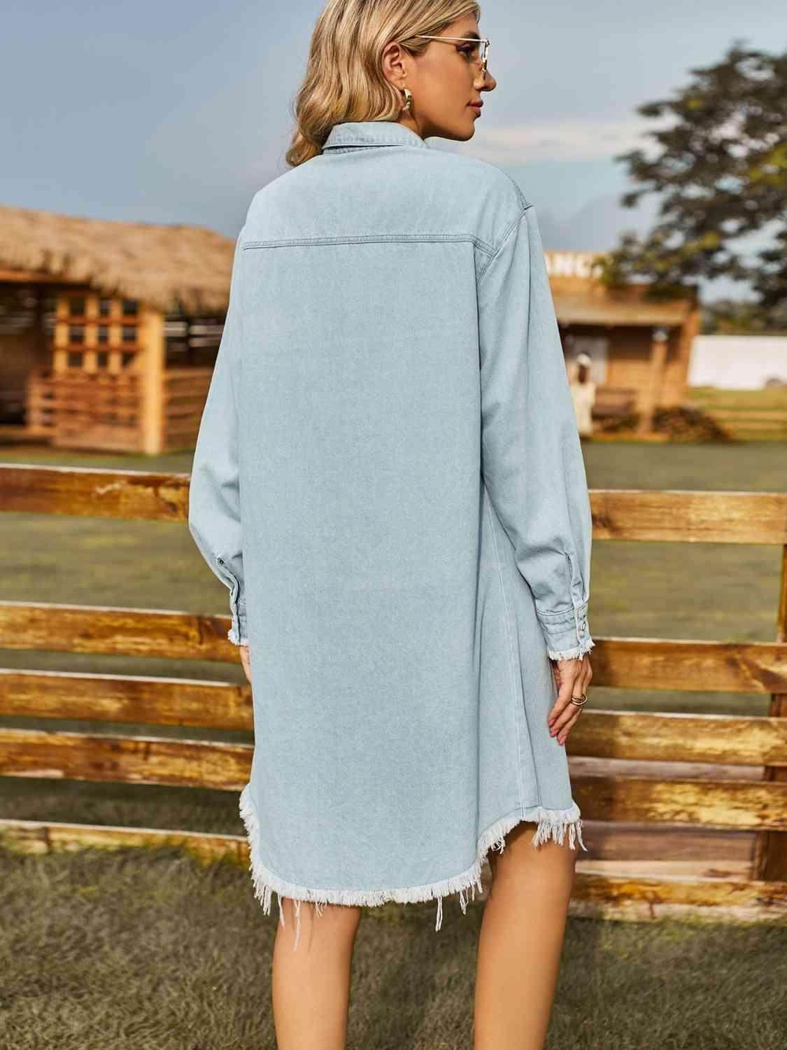 Button Up Collared Neck Raw Hem Denim Dress for Women - Selvanelle
