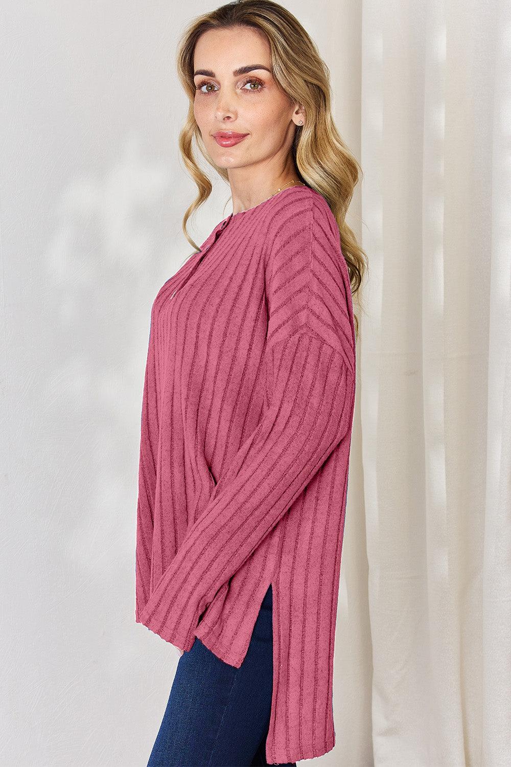 Basic Bae Full Size Ribbed Half Button Long Sleeve T-Shirt